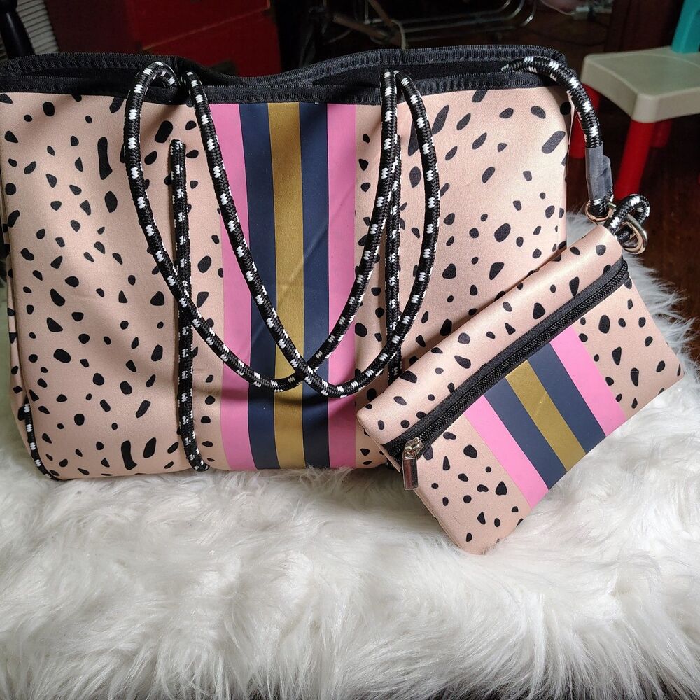 Leopard Large Neoprene Tote Bag w/Zipper Wristlet, Pink with Black Dots